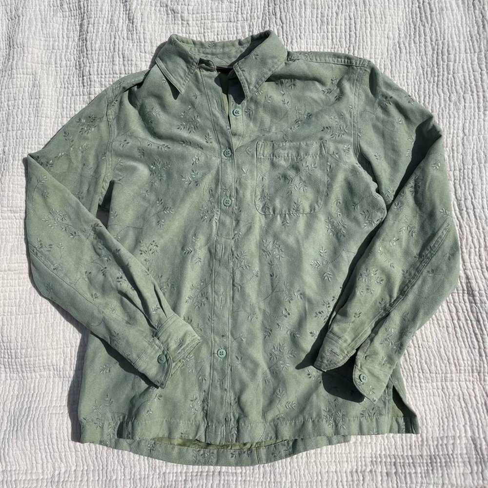 adorable sage green suede button down with floral embroidery